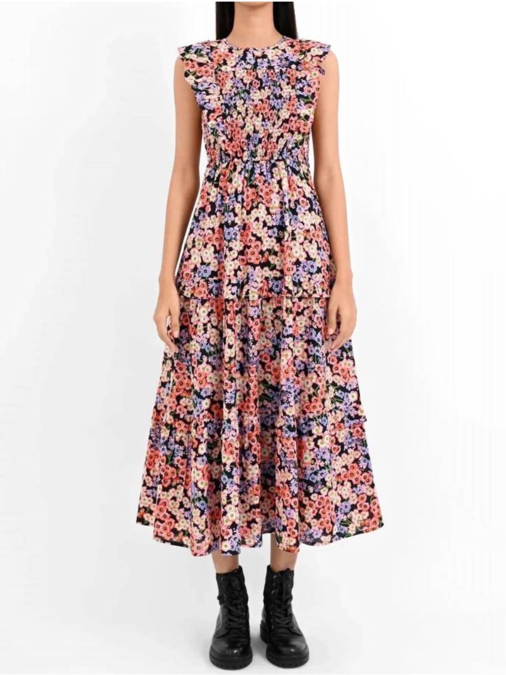 BANJANAN Iris Dress in Monarch Black Floral Midi Size L
